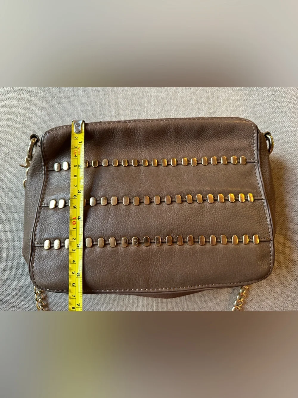 Kelsi Dagger Brown Leather Crossbody Bag with Gold Stud Accents and Chain Strap